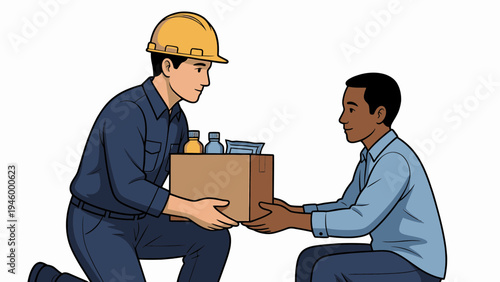 Worker Delivering a Box of Supplies to Another Person vector illustration
