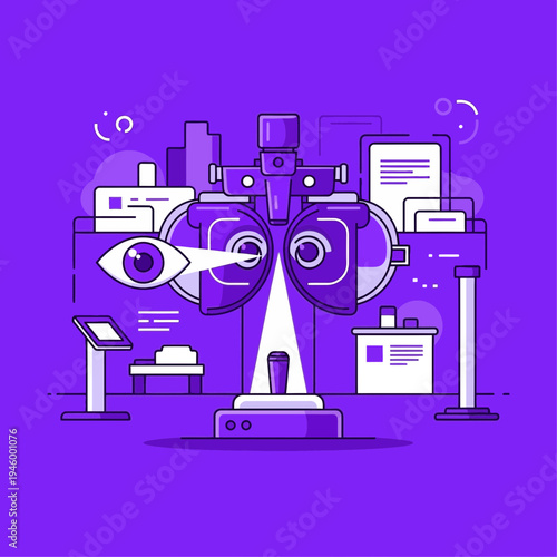 Innovative Ophthalmic Examination Equipment Depicted in Modern Graphic Illustration on Violet