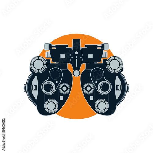 Innovative Vector Illustration of Ophthalmic Refraction Device Against Orange Circle Background