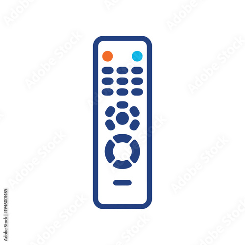 A simple blue remote control with orange and blue buttons on a white background
