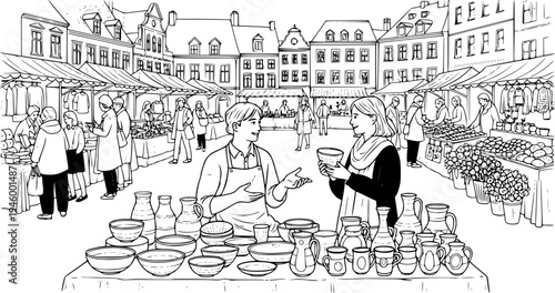 Traditional European Street Market with Local Artisan Selling Handmade Pottery, Authentic Cultural Heritage and Small Business Craftsmanship, Documentary Style