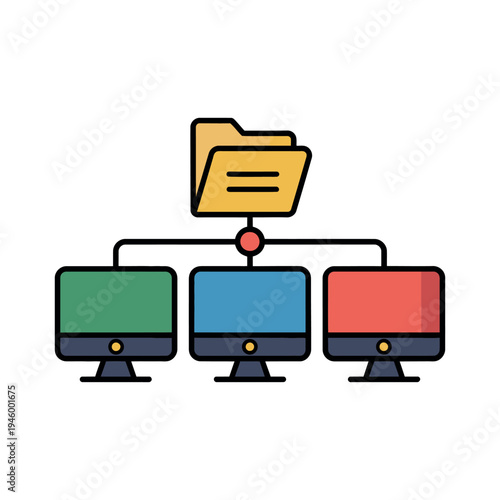 A colorful illustration of three computer monitors connected to a shared file folder
