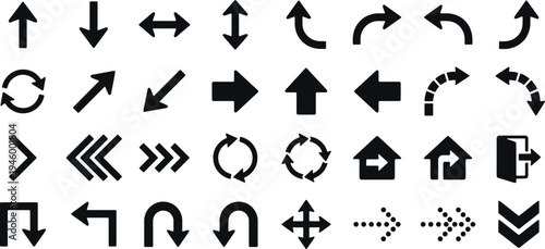Set of vector arrows in black color. Collection of Arrow icons isolated from background. Icons. Modern simple flat arrows pointing in different directions