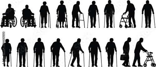 elderly people silhouettes collection, senior citizens with walkers, wheelchair and walking stick, aging lifestyle concept, isolated black figures