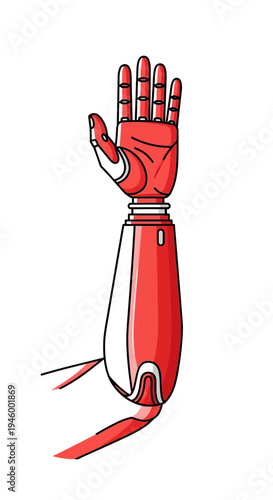 Innovative Red Robotic Prosthetic Arm Displaying Gesture on a Plain White Background Design