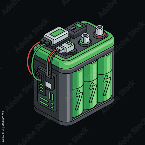 Isometric Illustration Of Futuristic Battery Pack With Energy Cells And Power Connectors