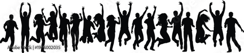 jumping people silhouettes, happy crowd jumping, energetic youth celebration, friends jumping together, excitement freedom concept, active lifestyle, isolated black figures