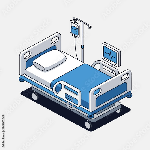 Isometric Illustration of Hospital Bed with IV Drip and Patient Monitoring System in Blue Tones