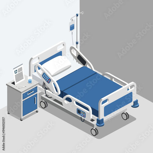 Isometric Illustration of Hospital Bed with Medical Equipment and Nightstand in Empty Room