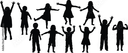 Happy kids silhouettes set, children jumping playing poses collection, joyful boys girls figures isolated black childhood activity illustration