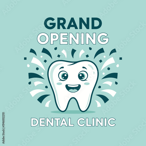 Joyful Grand Opening Announcement Illustrating a Dental Clinic with Cheerful Tooth Mascot