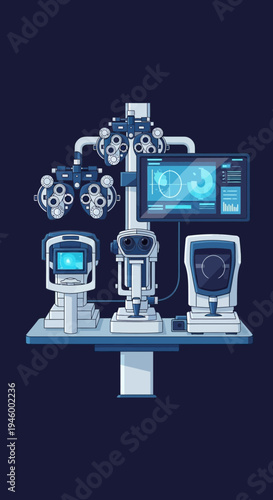 Innovative Ophthalmic Diagnostic Devices Depicted in Modern Medical Illustration with Blue Tones