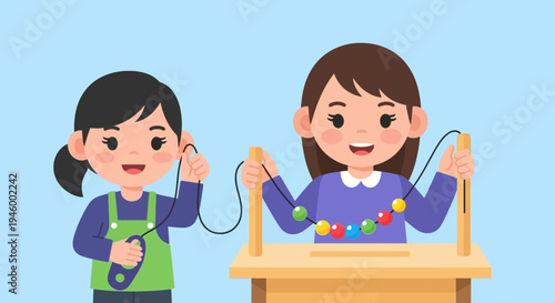 Joyful Girls Engaging In Playful Interaction With String And Colorful Beads