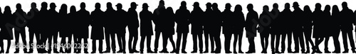 Large crowd people silhouettes, standing human group banner, black crowd skyline, community audience concept, social gathering background illustration