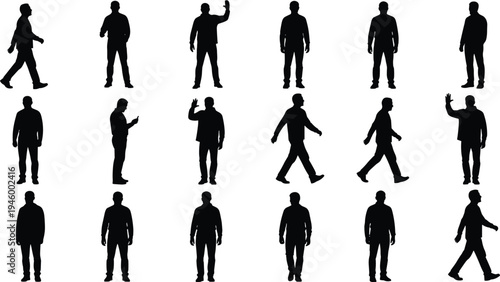 Male silhouettes walking standing collection, men casual poses gestures, human figures movement set, people illustration bundle