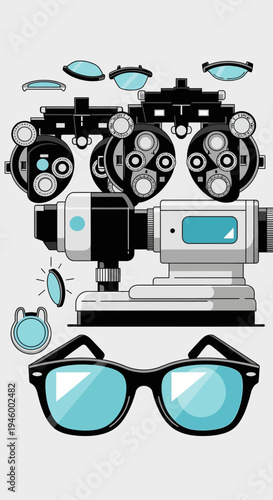Innovative Ophthalmic Equipment Illustration And Eyeglasses Depicting Modern Vision Care Techniques