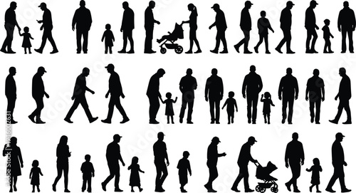 Parent and child silhouettes collection, family walking together, father mother kids lifestyle, stroller parenting activity, family people illustration set