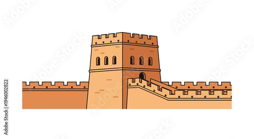 Ancient Chinese Great Wall Tower and Battlements Illustration