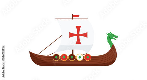 Viking Ship with Dragon Head and Crusader Cross Sail