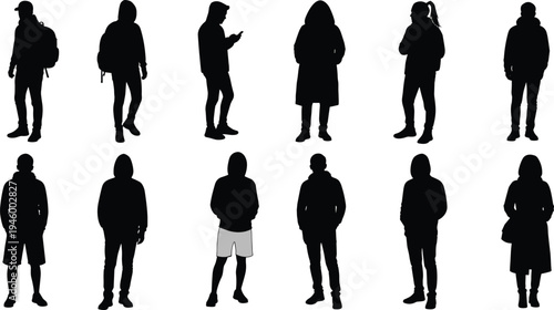 People silhouettes casual collection, hoodie jacket young adults standing characters, urban lifestyle individuals, modern street fashion figures illustration