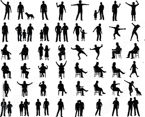 People silhouettes mega collection, men women children family poses sitting standing walking playing figures isolated black illustration bundle