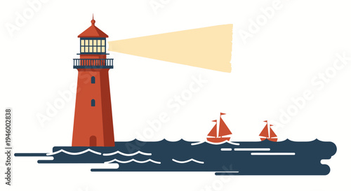 Red lighthouse guiding sailboats on the ocean waves with a beam of light