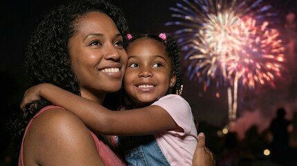 Woman hugs a child while watching fireworks at night during a Juneteenth celebration, family love, freedom holiday, joyful moment. Juneteenth.