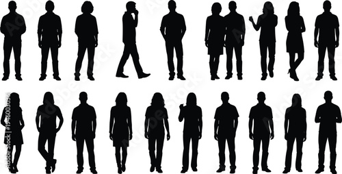 people silhouettes, diverse people standing, human silhouettes collection, men women silhouettes, casual people poses, isolated crowd figures, social diversity concept