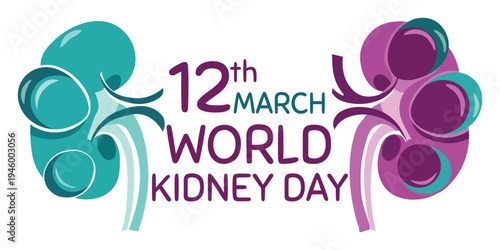 Twelfth of march world kidney day promotional banner with colorful artistic organ illustrations for global health support