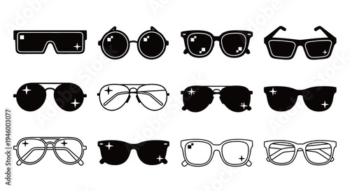 Diverse Sunglasses Icons Set Featuring Classic and Modern Eyewear Styles for Fashion Design, Retail Branding, and Optical Shop Marketing