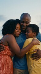Family hug outdoors at a Juneteenth celebration, parents embrace a child, community pride, summer holiday togetherness. Juneteenth.