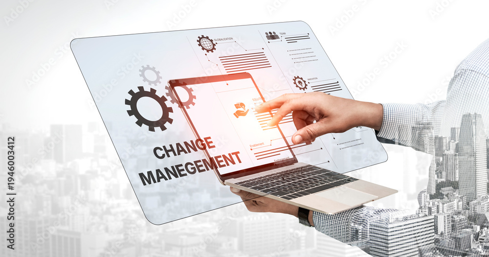 Fototapeta premium Change management strategy combining innovation, globalization, and teamwork to enable business transformation and emotional engagement in modern organizations Vouch