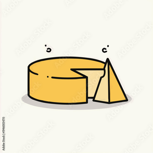 Flat vector illustration of a cheese wheel with a wedge removed, perfect for food packaging, dairy product ads, or culinary blog graphics.