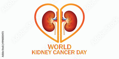World kidney cancer day emblem with pair of organs inside orange heart shape for oncology awareness and medical education