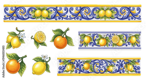 Italian Majolica Ceramic Borders and Mediterranean Fruit Vector Ornaments