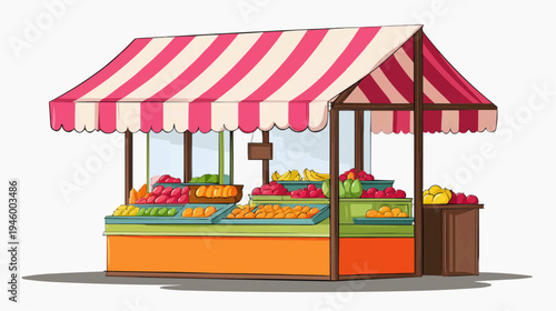Flat vector illustration of a market stall with a striped awning, filled with fresh produce, suitable for food-related websites, grocery ads, or local business promotions.