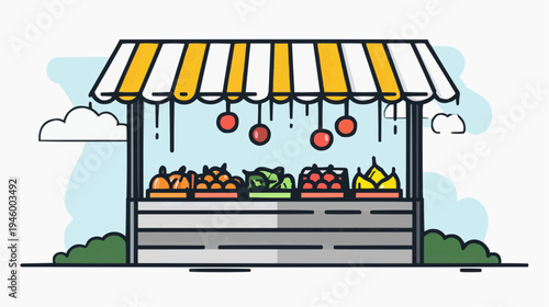 Flat vector illustration of a market stall with a striped awning, perfect for business promotions, food-related websites, or local market advertisements.