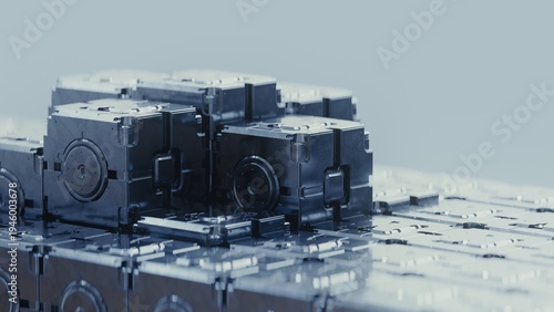 3D rendering of futuristic metallic cubes in ordered rows with groups of blocks rising at different heights. Modern geometric design with sharp focus and metallic textures on a gray background.