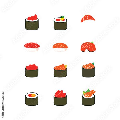 Flat Design Sushi Collection with Salmon, Tuna, and Ikura