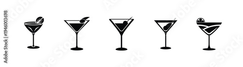Cocktail glass and martini drink silhouette icon set featuring alcohol beverage for party celebration and more vector illustration or editable stroke