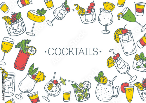 Hand drawn cocktail sketch frame. Whimsical drinks doodles set. Hand drawn vector illustration for menu, packaging design. Cocktails quirky icons, simple sketch style. Partially colored drawing