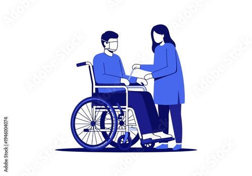 Medical Care and Support Depicted with Patient in Wheelchair and Healthcare Professional