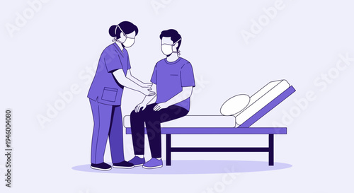 Medical Care Provider Assisting Patient While Wearing Protective Face Masks For Safety