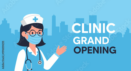 Medical Clinic Grand Opening Announcement With Nurse And City Illustration