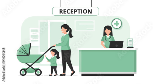 Medical Clinic Reception Scene Depicting Patient Interactions and Welcoming Atmosphere