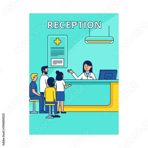 Medical Clinic Reception Area Depicting Patient Interactions and Administrative Procedures