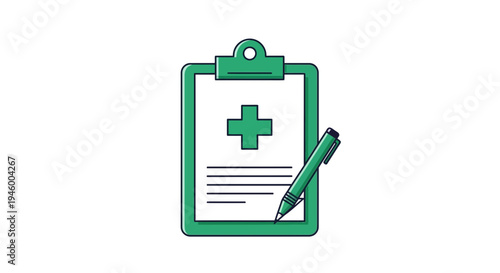 Medical Document Vector Illustration with Clipboard, Pen, and Cross Symbol in Minimalist Design