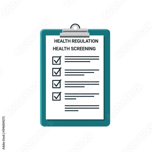 Medical Clipboard Displaying Health Regulation and Screening Checklist, Vector Illustration