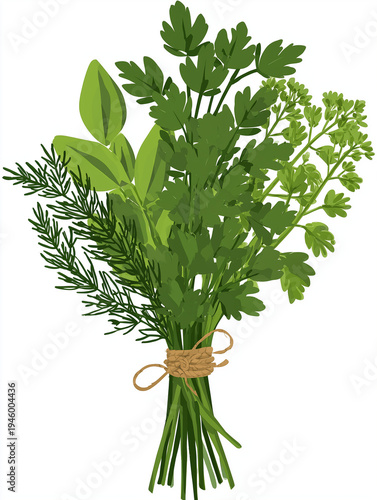 A fresh herb bouquet tied with twine, perfect for culinary blogs, recipe cards, or healthy eating promotions.