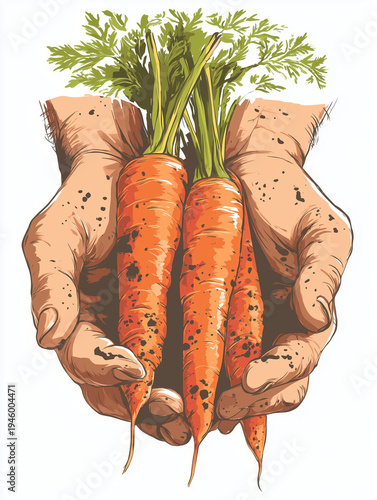An illustration of farmer's hands holding freshly harvested carrots, perfect for agricultural themes, healthy eating campaigns, or garden-related content.